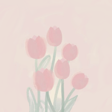 a bunch of pink tulips with green stems on a pink background .