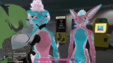 two furry characters are standing in front of a pac man arcade machine