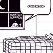 a black and white drawing of a bed with a speech bubble .