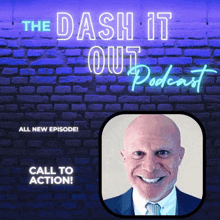 a poster for the dash it out podcast shows a man in a suit and tie