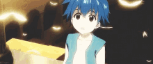 a young boy with blue hair is standing in front of a table and looking at the camera .