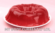 a jelly cake on a plate with the words my body currently lol below it