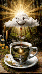 a cup of coffee with a cloud with a smile on it .