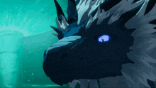 a close up of a dragon 's face with blue eyes