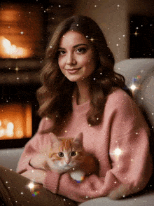 a woman in a pink sweater is holding a cat in her lap