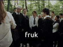 a group of people standing in a circle with the word fruk written on the bottom