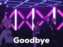 a group of anime girls are dancing in front of a sign that says goodbye .