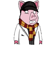 a cartoon pig wearing a hat and scarf is standing on a white background