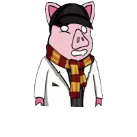 a cartoon pig wearing a hat and scarf is standing on a white background