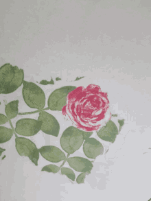 a painting of green leaves and a red rose