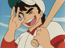 a cartoon character holding a baseball bat and smiling