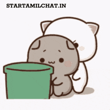 a cartoon of a cat putting something in a green bucket with the website starttamilchat.in below it