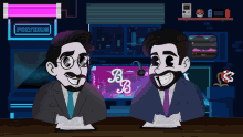 two cartoon characters are sitting at a table with a sign that says polybius