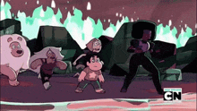a group of cartoon characters standing next to each other with cn written on the bottom of the screen
