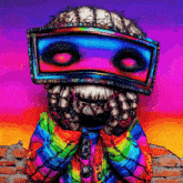 a painting of a skeleton wearing a rainbow jacket with the letter o on it