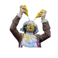 a man wearing a wig and headphones is pouring mustard on his face