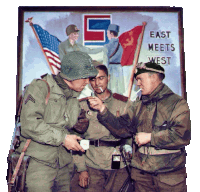 a group of soldiers standing in front of a poster that says east meets west