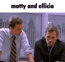 two men in suits and ties are sitting at a table with the words matty and elicia above them