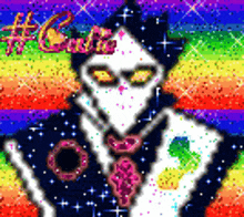 a pixel art of a man wearing a suit and tie with a rainbow background .