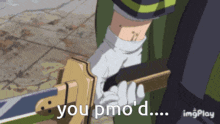 a person holding a sword with the words you pmo 'd written on it