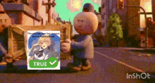 a cartoon character is standing next to a box that says true on it