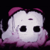 a close up of a person 's face with a purple background and a white mask on .