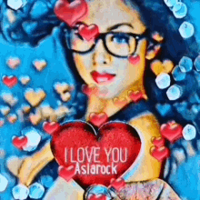 a woman with glasses is holding a red heart with the words `` i love you asiarock '' written on it .