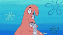 a cartoon of patrick from spongebob squarepants holding a piece of paper in his mouth .