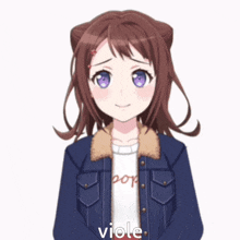 a girl with purple eyes is wearing a denim jacket and a shirt that says pop viole
