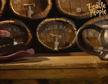 a row of wooden barrels with ginger beer on them