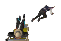 a man is laying on a beach chair and another man is flying in the air