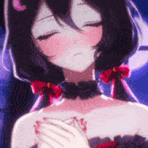 a close up of a girl 's face with a bow around her neck