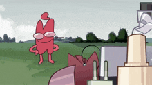 a cartoon drawing of a red cat with glasses standing in a field