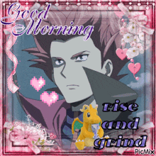 a good morning card with a picture of a man and a stuffed animal