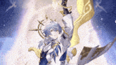 a person is holding a sword and a flag in their hand .