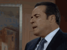 a man in a suit and tie is standing in front of a framed picture .