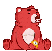 a red teddy bear is sitting down with a watch on its arm