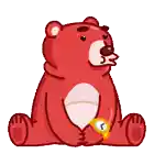 a red teddy bear is sitting down with a watch on its arm