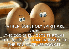two eggs with faces on them are standing next to each other in a pan .