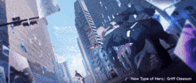 a picture of a city with the words " new type of hero " on it