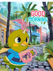 a cartoon of a bird holding a cup with the words good morning written on it
