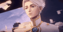 a cartoon character with white hair and a necklace around his neck .