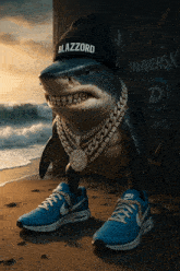 a shark wearing a beanie that says blazzord