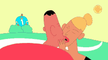 a cartoon drawing of a man and woman kissing with the letter c on the man 's face