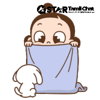a cartoon of a girl covering her face with a blanket with a star tamil chat logo above her
