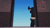 a person holding a gun in front of a door with a red button on it