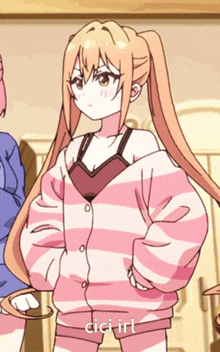 a girl in a pink and white striped shirt says cici irl on the bottom