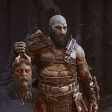 a bald man with a beard is holding a head