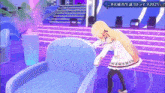 a girl in a white dress is standing next to a chair in a video game