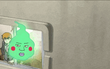 a cartoon of a man looking out of a window with a green face